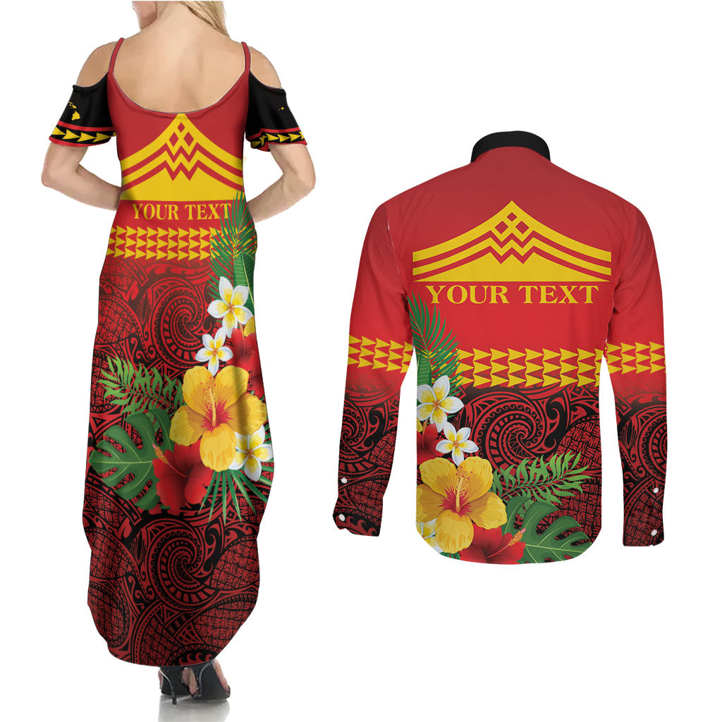 Hawaii Ku Kia'i Mauna Personalized Couples Matching Summer Maxi Dress and Long Sleeve Button Shirt Hibiscus Kakau Pattern