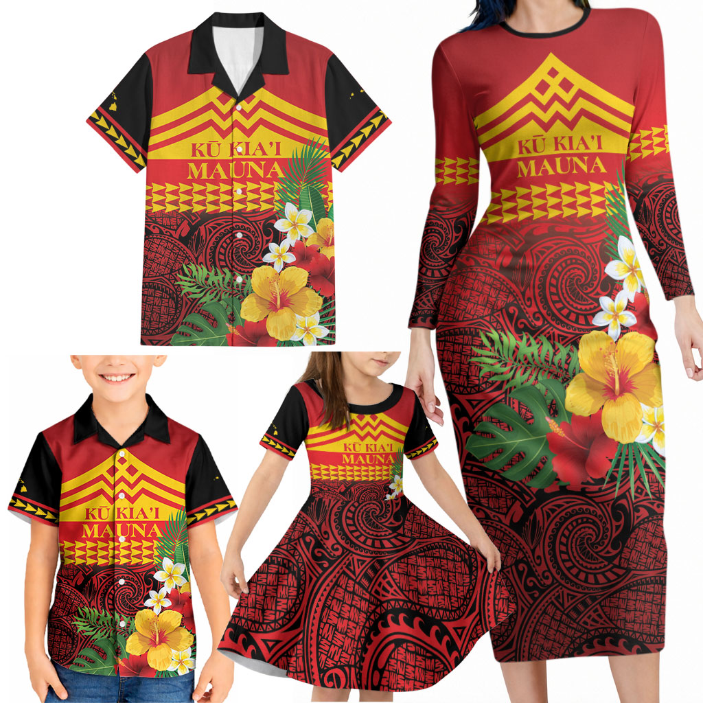 Hawaii Ku Kia'i Mauna Personalized Family Matching Long Sleeve Bodycon Dress and Hawaiian Shirt Hibiscus Kakau Pattern LT9 - Polynesian Pride