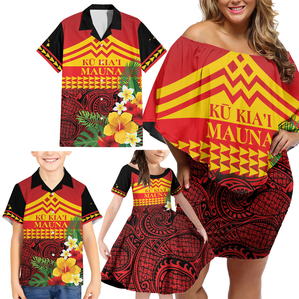 Hawaii Ku Kia'i Mauna Personalized Family Matching Off Shoulder Short Dress and Hawaiian Shirt Hibiscus Kakau Pattern