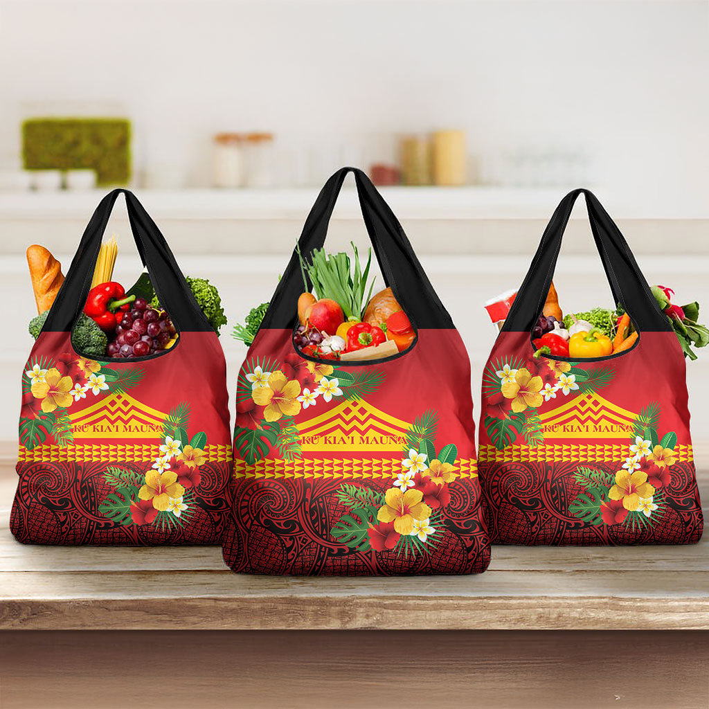 Hawaii Ku Kia'i Mauna Grocery Bag Hibiscus Kakau Pattern