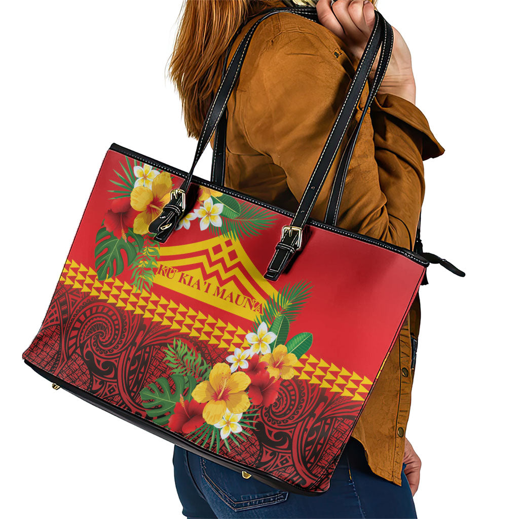 Hawaii Ku Kia'i Mauna Leather Tote Bag Hibiscus Kakau Pattern