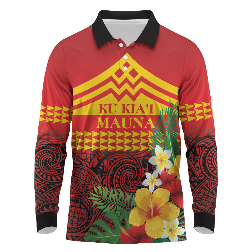 Hawaii Ku Kia'i Mauna Personalized Long Sleeve Polo Shirt Hibiscus Kakau Pattern