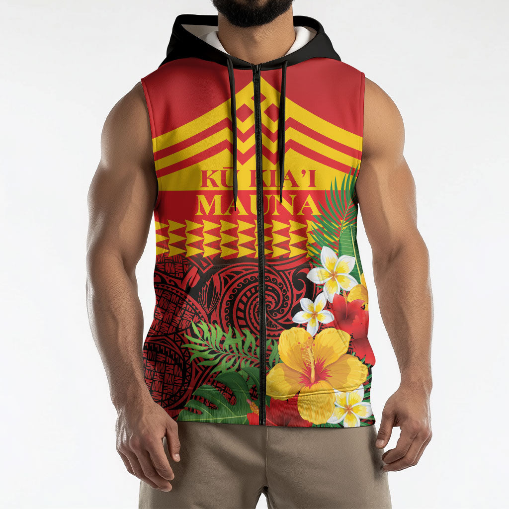 Hawaii Ku Kia'i Mauna Personalized Sleeveless Zip Hoodie Hibiscus Kakau Pattern