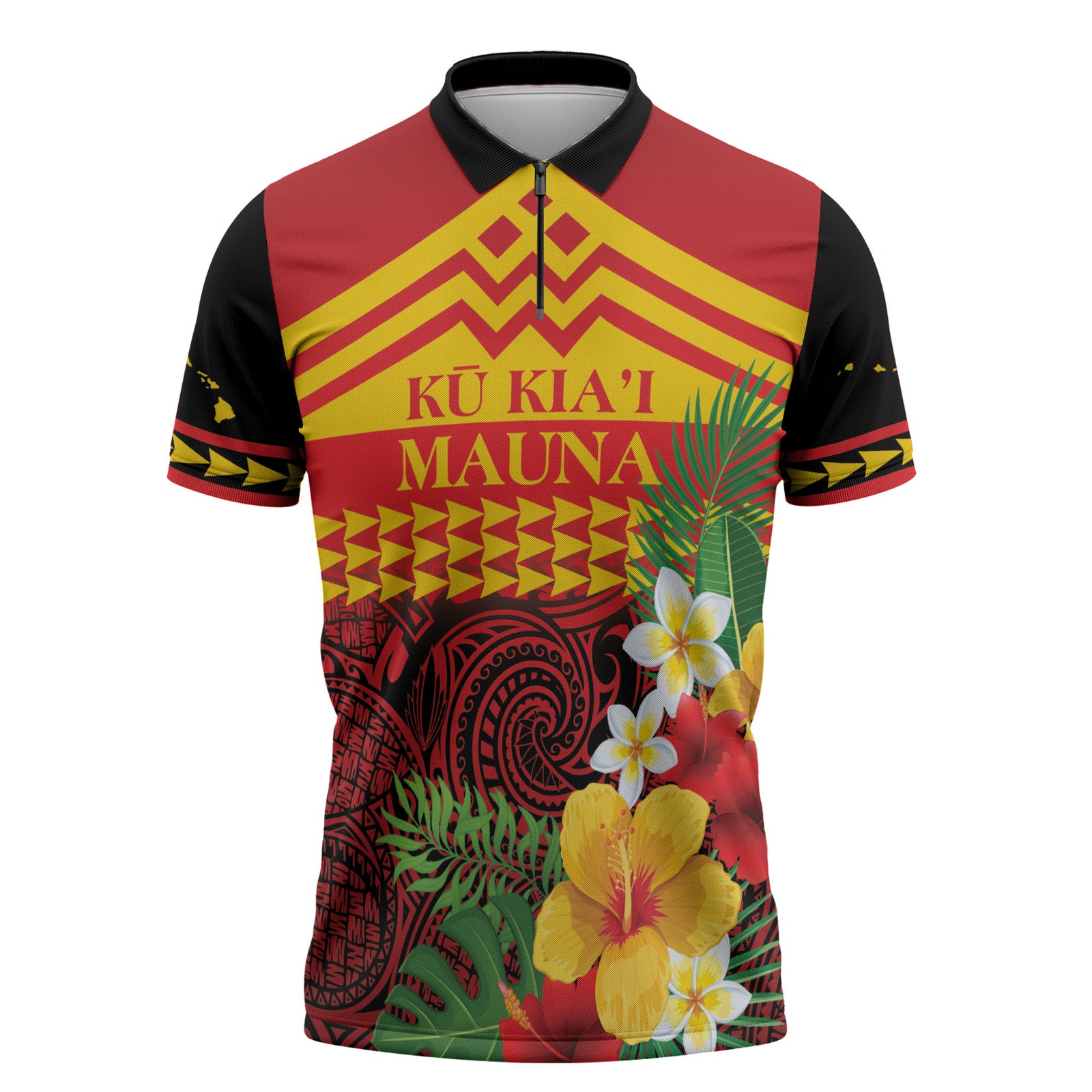 Hawaii Ku Kia'i Mauna Personalized Zipper Polo Shirt Hibiscus Kakau Pattern LT9 Red - Polynesian Pride