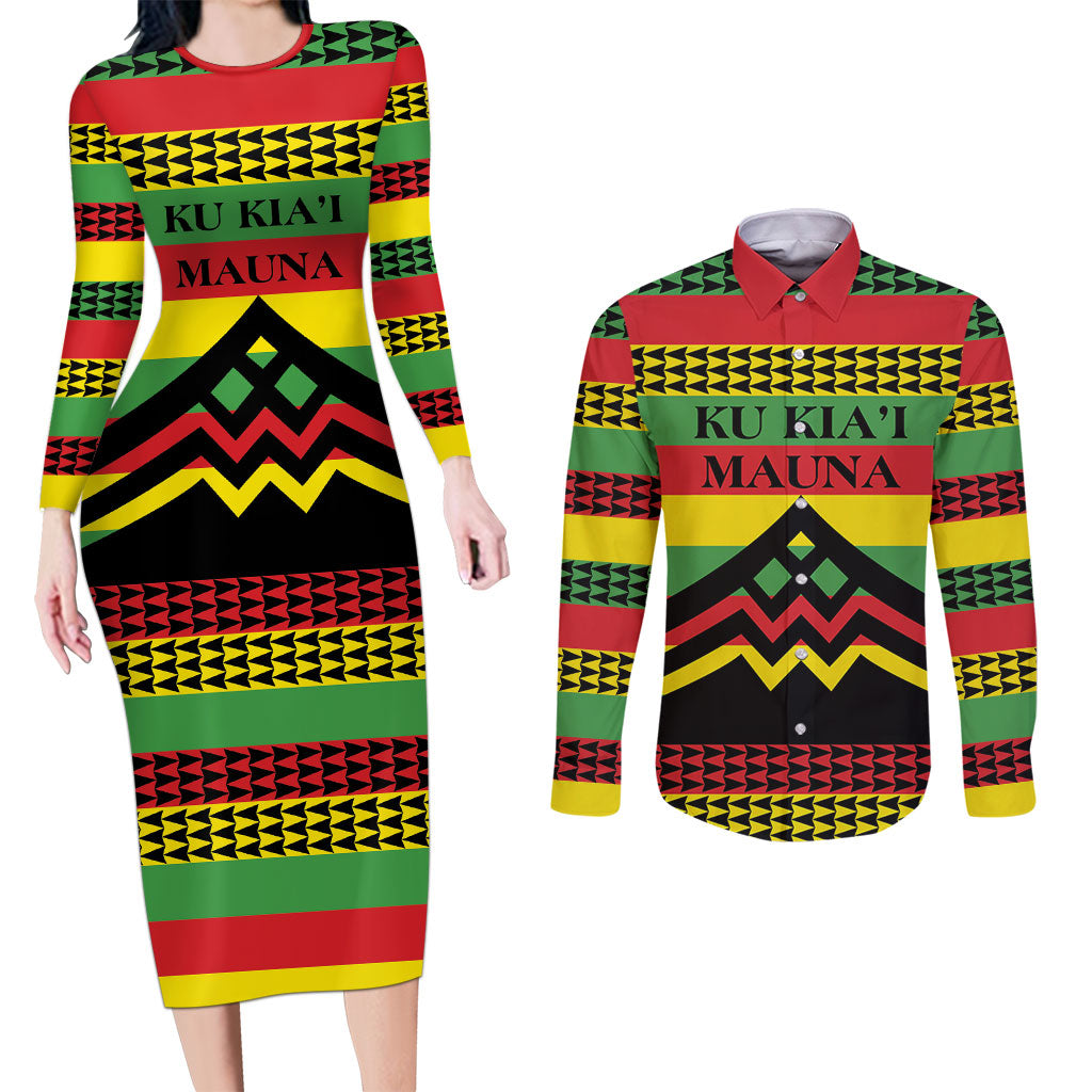Hawaii Ku Kia'i Mauna Personalized Couples Matching Long Sleeve Bodycon Dress and Long Sleeve Button Shirt Hawaiian Kanaka Maoli Motif