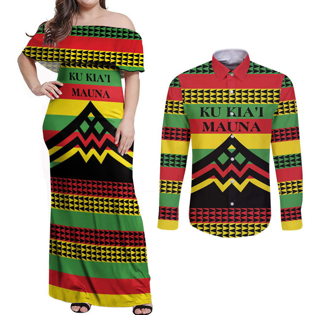 Hawaii Ku Kia'i Mauna Personalized Couples Matching Off Shoulder Maxi Dress and Long Sleeve Button Shirt Hawaiian Kanaka Maoli Motif