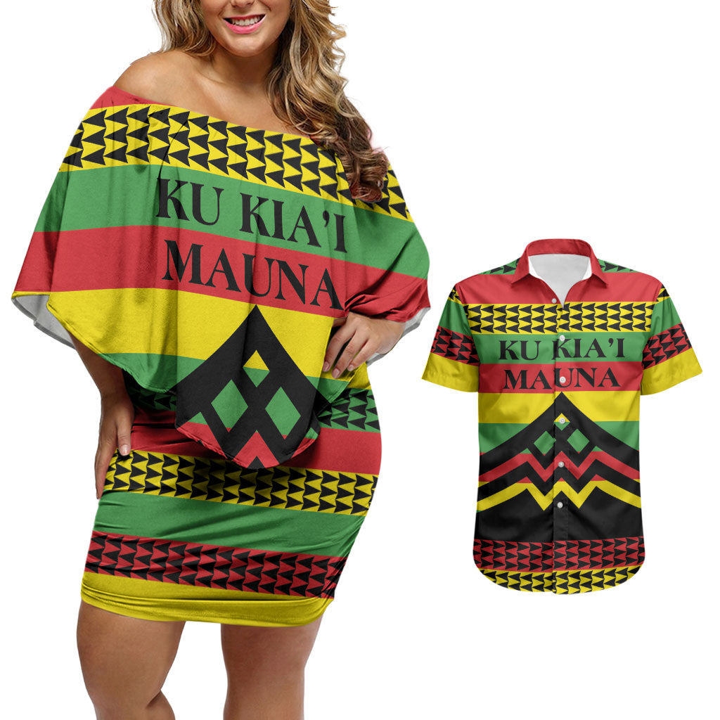 Hawaii Ku Kia'i Mauna Personalized Couples Matching Off Shoulder Short Dress and Hawaiian Shirt Hawaiian Kanaka Maoli Motif LT9 Green - Polynesian Pride