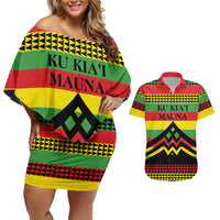 Hawaii Ku Kia'i Mauna Personalized Couples Matching Off Shoulder Short Dress and Hawaiian Shirt Hawaiian Kanaka Maoli Motif