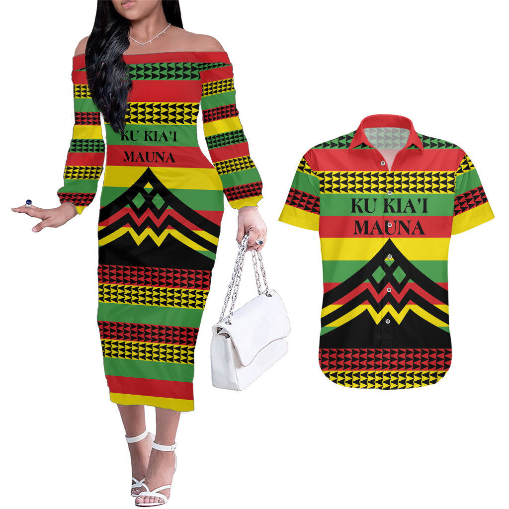 Hawaii Ku Kia'i Mauna Personalized Couples Matching Off The Shoulder Long Sleeve Dress and Hawaiian Shirt Hawaiian Kanaka Maoli Motif