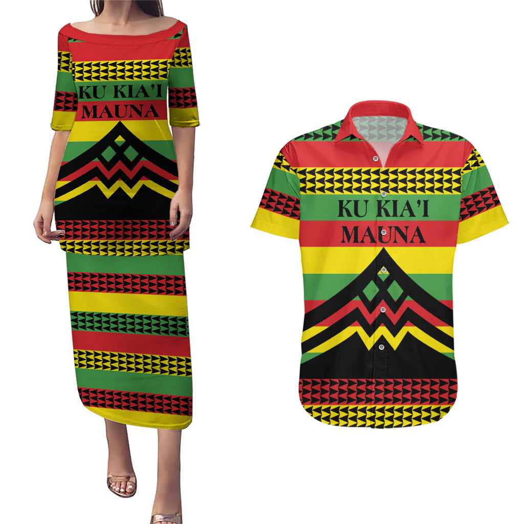 Hawaii Ku Kia'i Mauna Personalized Couples Matching Puletasi and Hawaiian Shirt Hawaiian Kanaka Maoli Motif