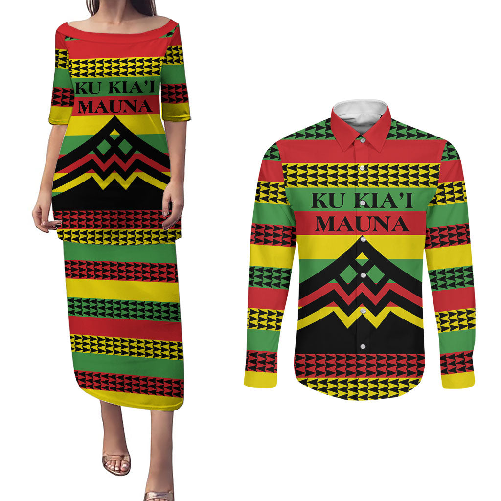 Hawaii Ku Kia'i Mauna Personalized Couples Matching Puletasi and Long Sleeve Button Shirt Hawaiian Kanaka Maoli Motif