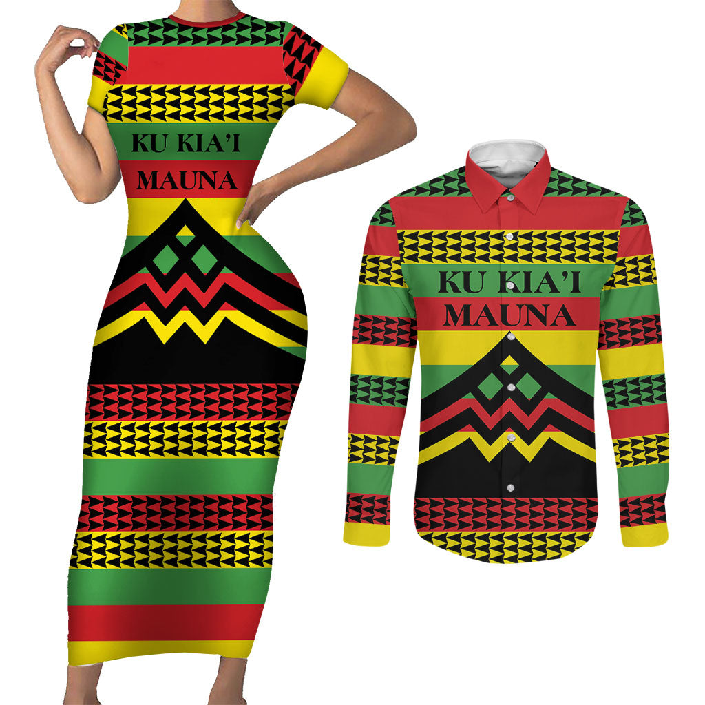 Hawaii Ku Kia'i Mauna Personalized Couples Matching Short Sleeve Bodycon Dress and Long Sleeve Button Shirt Hawaiian Kanaka Maoli Motif