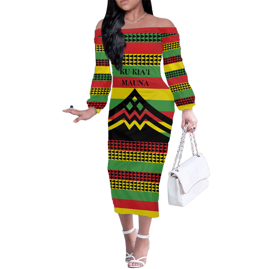 Hawaii Ku Kia'i Mauna Personalized Family Matching Off The Shoulder Long Sleeve Dress and Hawaiian Shirt Hawaiian Kanaka Maoli Motif