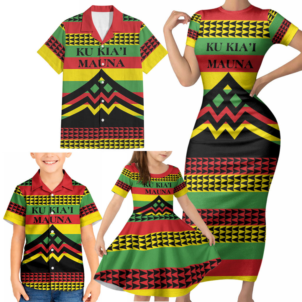 Hawaii Ku Kia'i Mauna Personalized Family Matching Short Sleeve Bodycon Dress and Hawaiian Shirt Hawaiian Kanaka Maoli Motif LT9 - Polynesian Pride