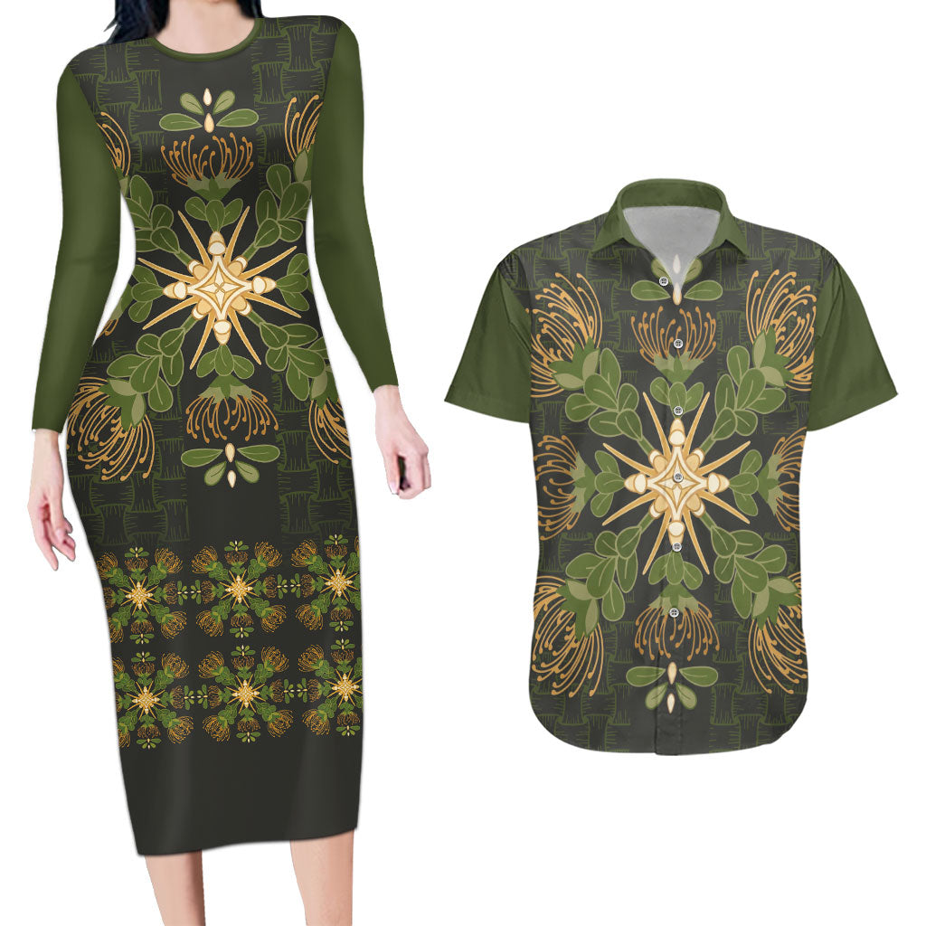 Hawaii Ohia Lehua Squares Couples Matching Long Sleeve Bodycon Dress and Hawaiian Shirt Hawaiian Quilt Inspired Floral Pattern