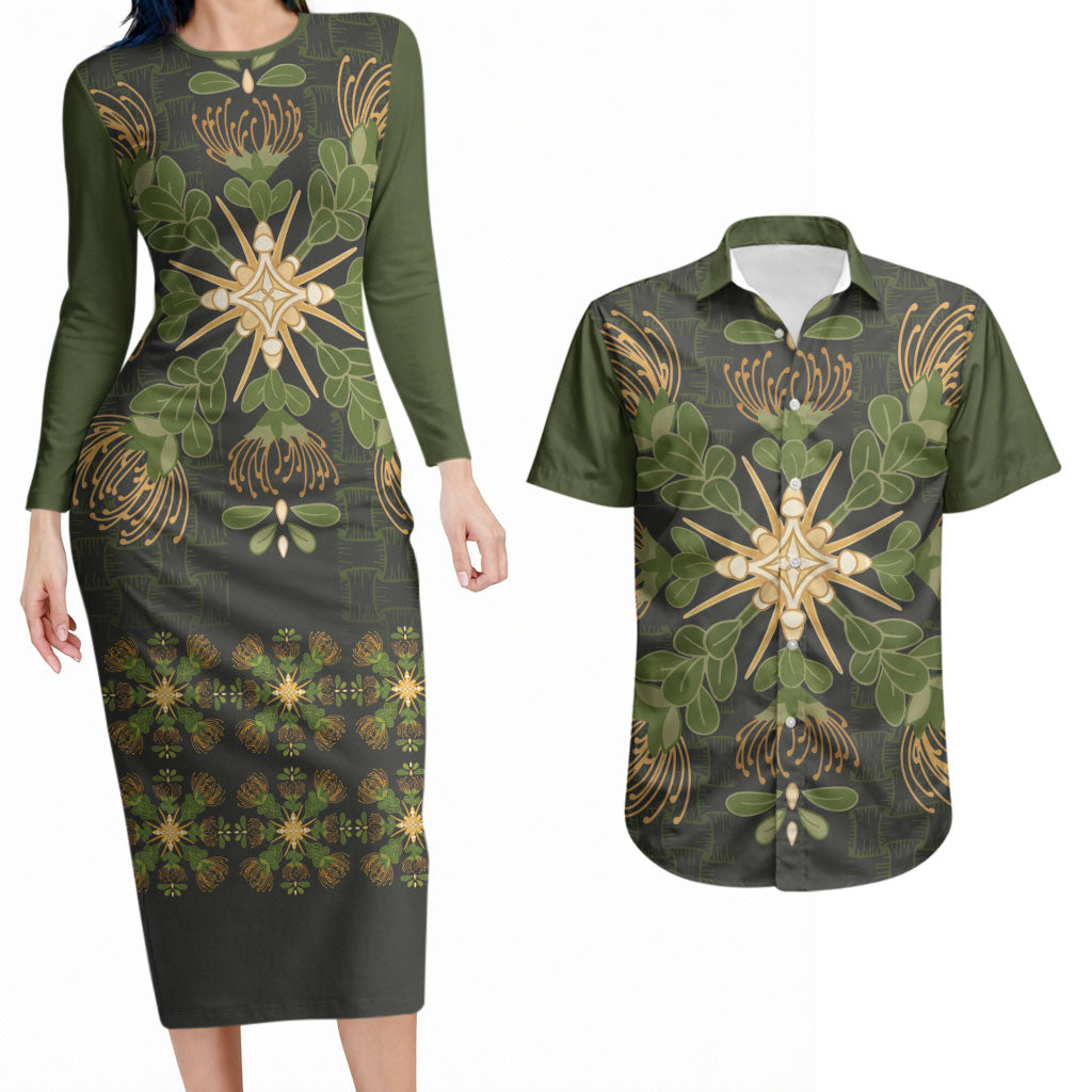 Hawaii Ohia Lehua Squares Couples Matching Long Sleeve Bodycon Dress and Hawaiian Shirt Hawaiian Quilt Inspired Floral Pattern LT9 Green - Polynesian Pride