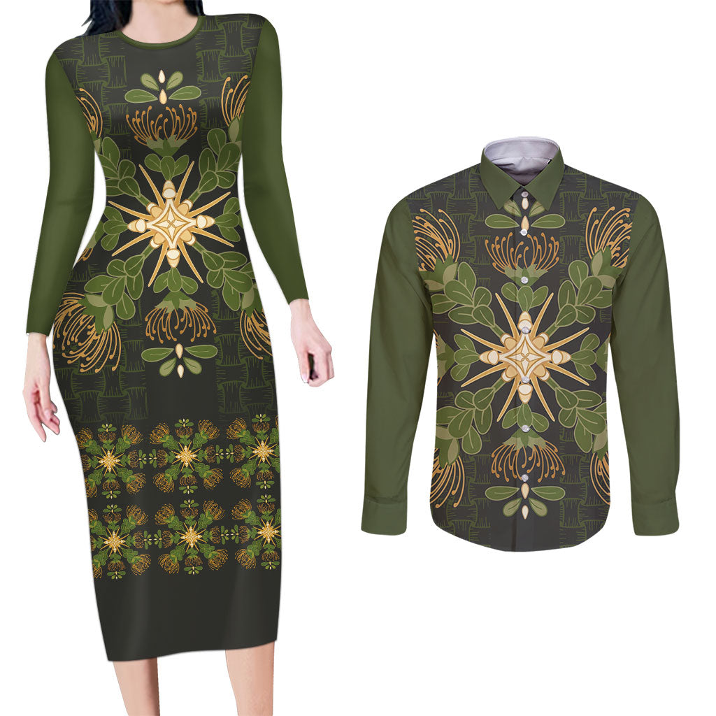 Hawaii Ohia Lehua Squares Couples Matching Long Sleeve Bodycon Dress and Long Sleeve Button Shirt Hawaiian Quilt Inspired Floral Pattern
