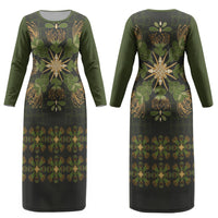 Hawaii Ohia Lehua Squares Couples Matching Long Sleeve Bodycon Dress and Long Sleeve Button Shirt Hawaiian Quilt Inspired Floral Pattern LT9 - Polynesian Pride