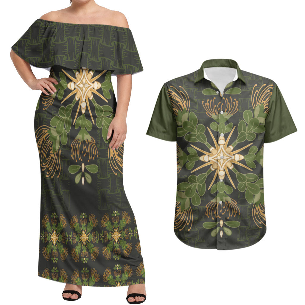 Hawaii Ohia Lehua Squares Couples Matching Off Shoulder Maxi Dress and Hawaiian Shirt Hawaiian Quilt Inspired Floral Pattern LT9 Green - Polynesian Pride