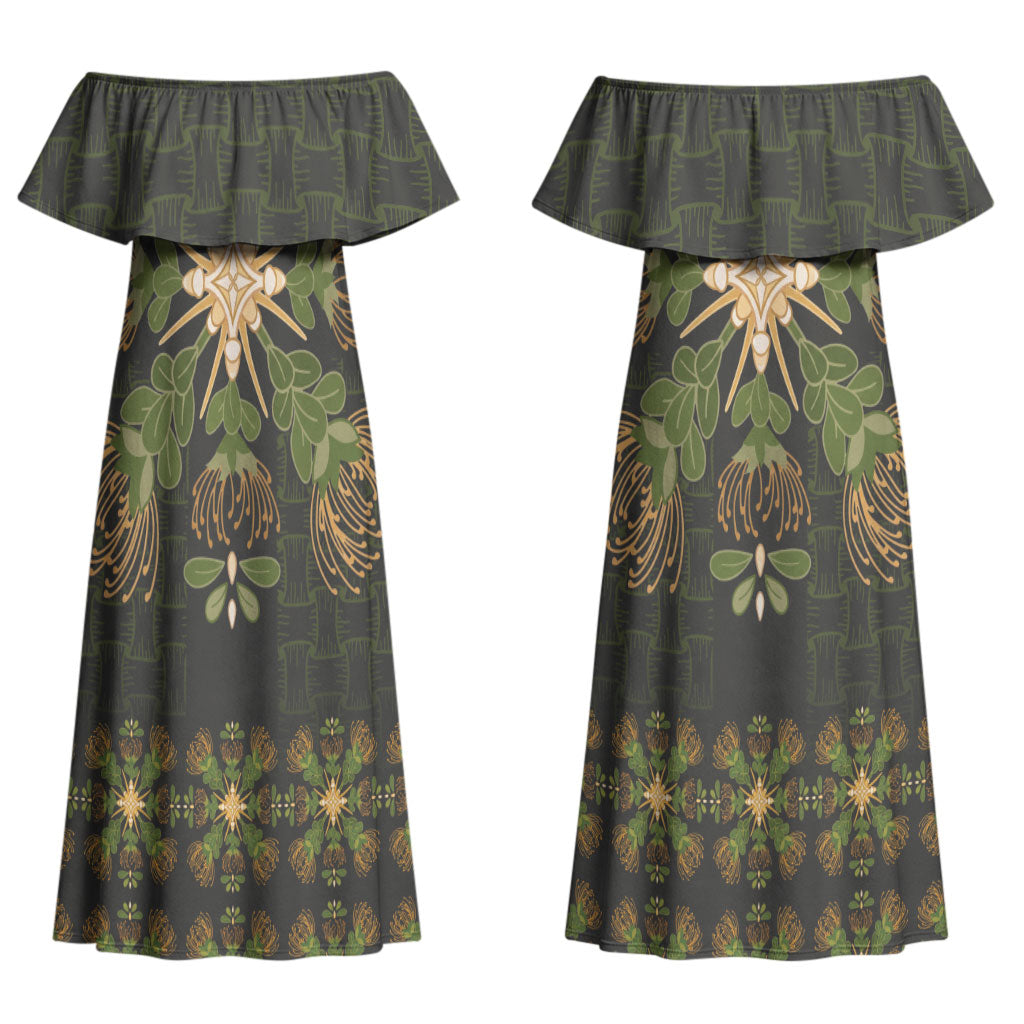 Hawaii Ohia Lehua Squares Couples Matching Off Shoulder Maxi Dress and Hawaiian Shirt Hawaiian Quilt Inspired Floral Pattern LT9 - Polynesian Pride