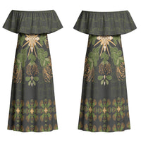 Hawaii Ohia Lehua Squares Couples Matching Off Shoulder Maxi Dress and Long Sleeve Button Shirt Hawaiian Quilt Inspired Floral Pattern LT9 - Polynesian Pride