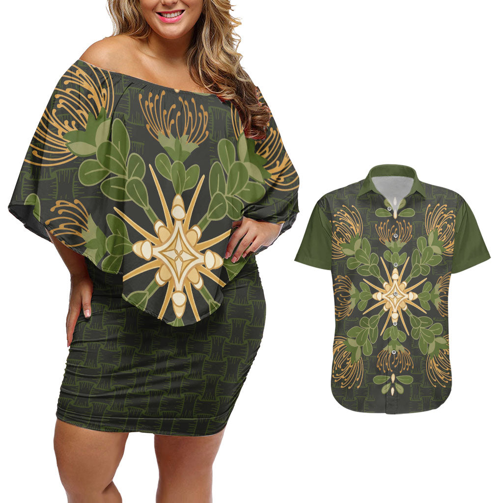 Hawaii Ohia Lehua Squares Couples Matching Off Shoulder Short Dress and Hawaiian Shirt Hawaiian Quilt Inspired Floral Pattern