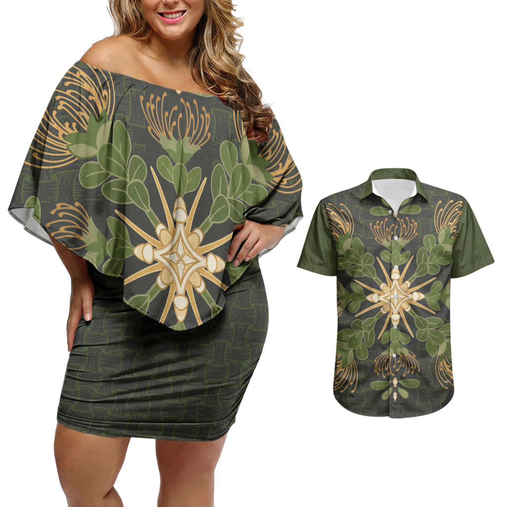 Hawaii Ohia Lehua Squares Couples Matching Off Shoulder Short Dress and Hawaiian Shirt Hawaiian Quilt Inspired Floral Pattern LT9 Green - Polynesian Pride
