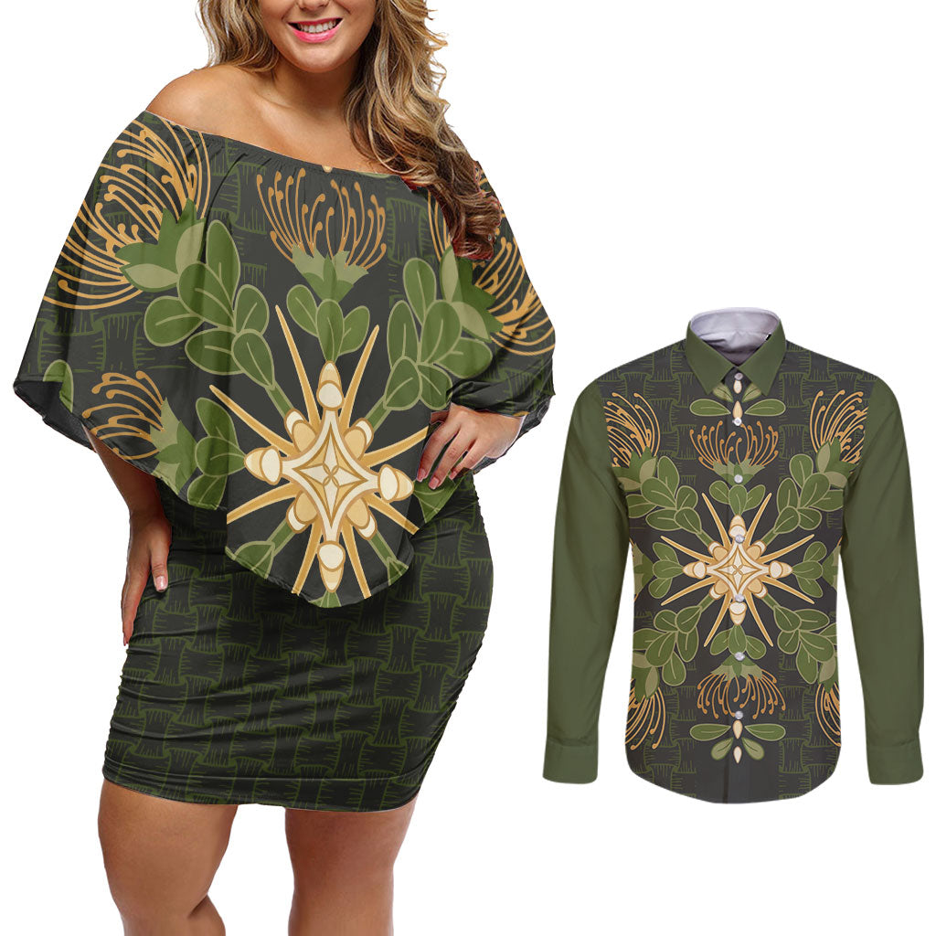 Hawaii Ohia Lehua Squares Couples Matching Off Shoulder Short Dress and Long Sleeve Button Shirt Hawaiian Quilt Inspired Floral Pattern