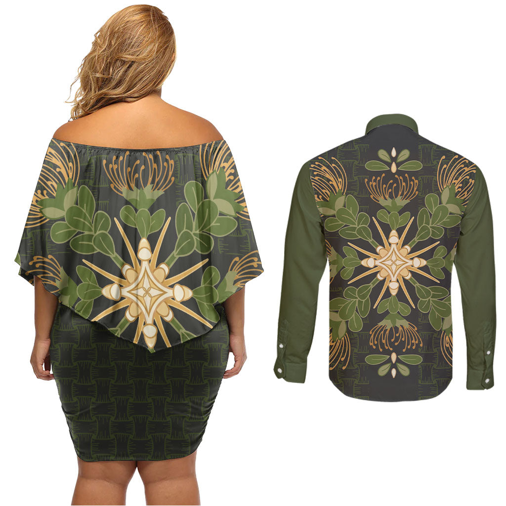 Hawaii Ohia Lehua Squares Couples Matching Off Shoulder Short Dress and Long Sleeve Button Shirt Hawaiian Quilt Inspired Floral Pattern