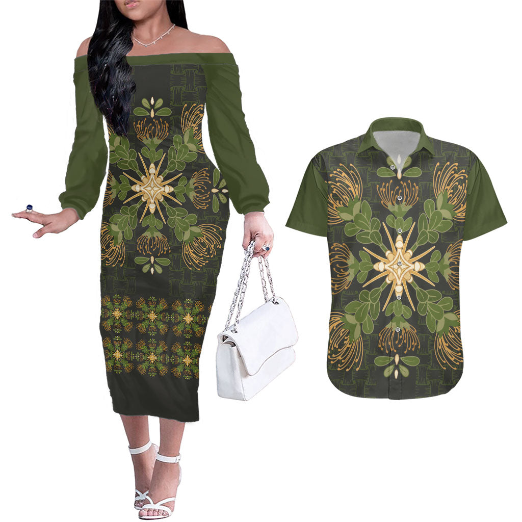 Hawaii Ohia Lehua Squares Couples Matching Off The Shoulder Long Sleeve Dress and Hawaiian Shirt Hawaiian Quilt Inspired Floral Pattern