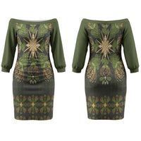 Hawaii Ohia Lehua Squares Couples Matching Off The Shoulder Long Sleeve Dress and Hawaiian Shirt Hawaiian Quilt Inspired Floral Pattern LT9 - Polynesian Pride