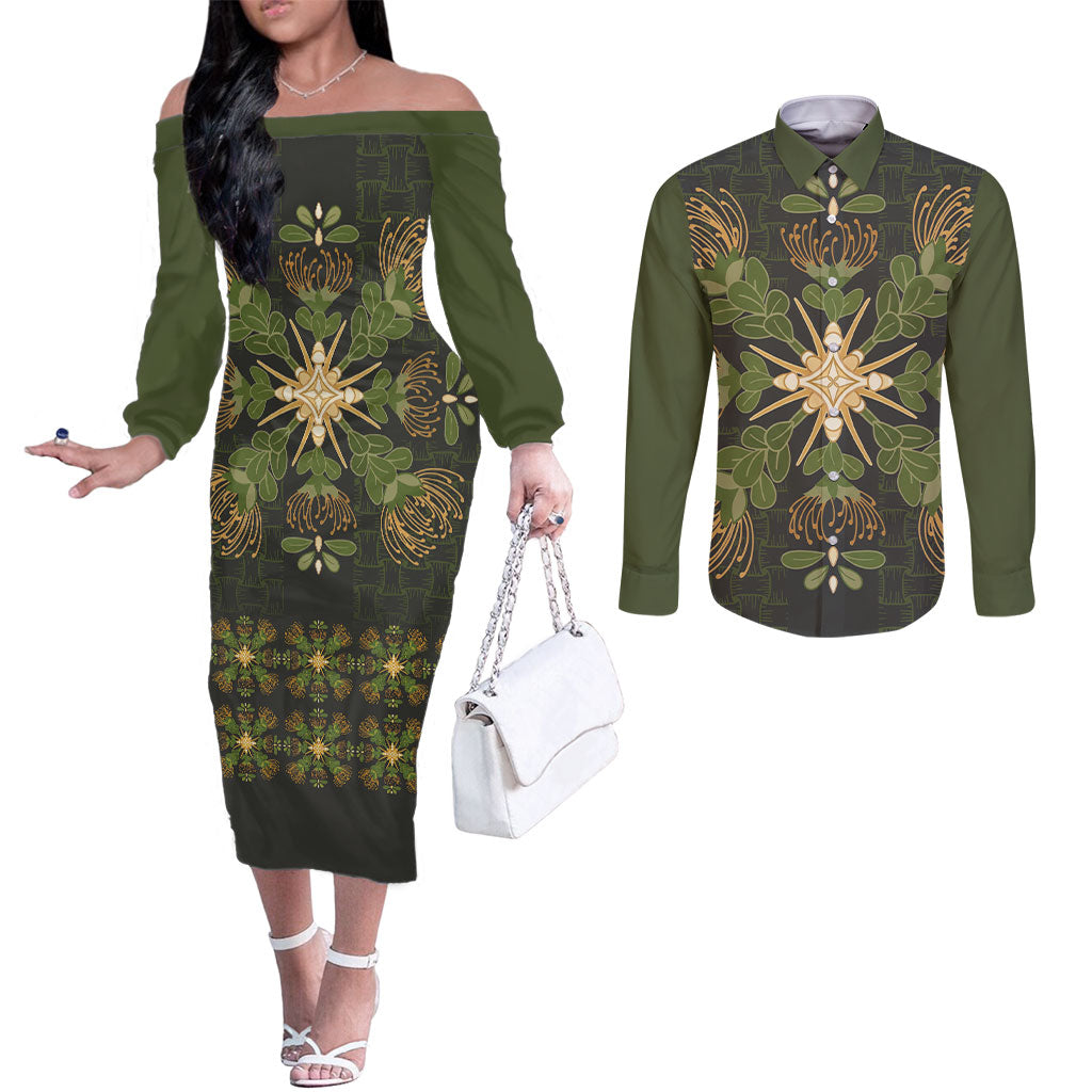 Hawaii Ohia Lehua Squares Couples Matching Off The Shoulder Long Sleeve Dress and Long Sleeve Button Shirt Hawaiian Quilt Inspired Floral Pattern