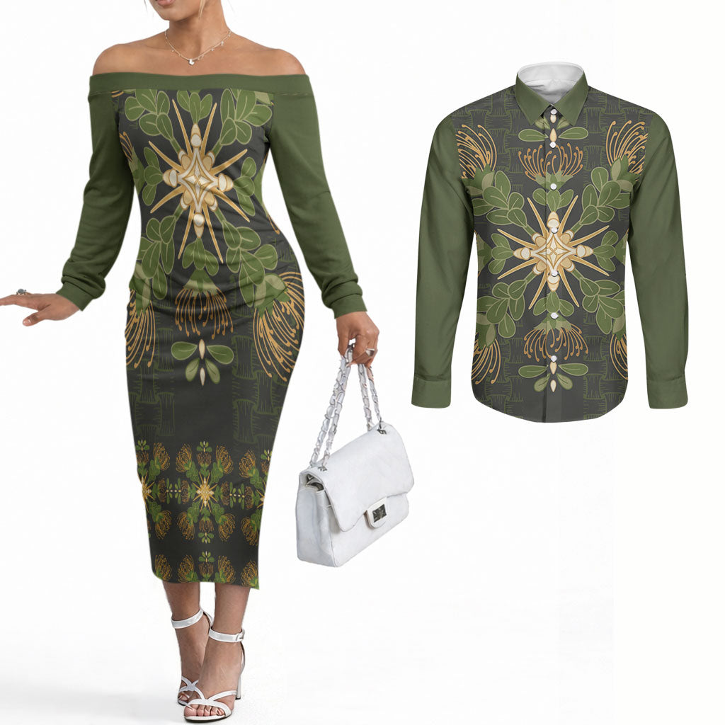 Hawaii Ohia Lehua Squares Couples Matching Off The Shoulder Long Sleeve Dress and Long Sleeve Button Shirt Hawaiian Quilt Inspired Floral Pattern LT9 Green - Polynesian Pride