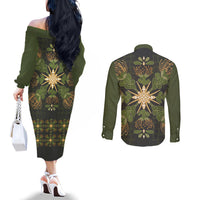 Hawaii Ohia Lehua Squares Couples Matching Off The Shoulder Long Sleeve Dress and Long Sleeve Button Shirt Hawaiian Quilt Inspired Floral Pattern
