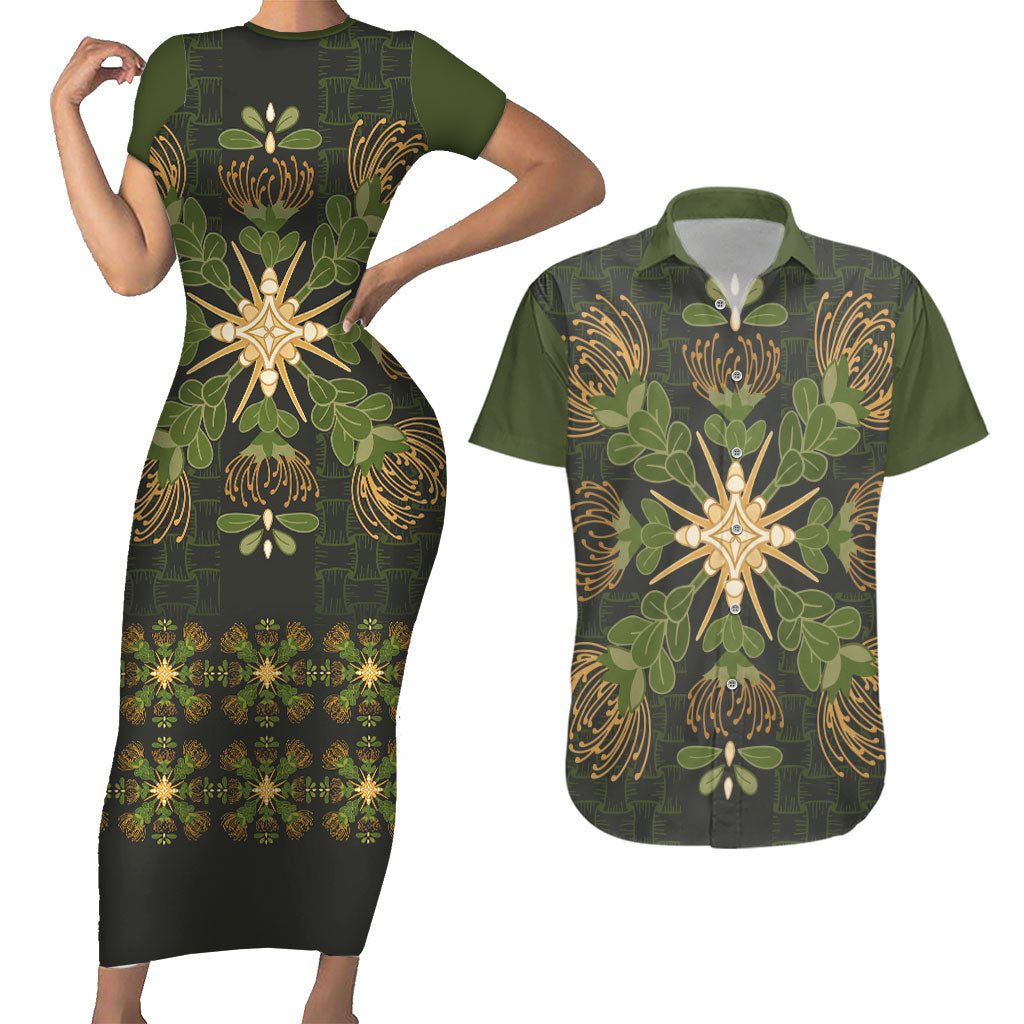 Hawaii Ohia Lehua Squares Couples Matching Short Sleeve Bodycon Dress and Hawaiian Shirt Hawaiian Quilt Inspired Floral Pattern