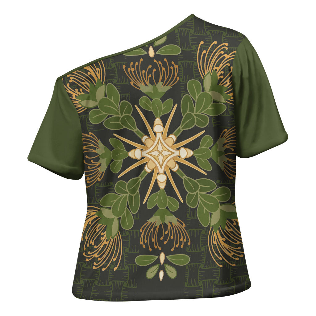 Hawaii Ohia Lehua Squares Cross Shoulder Shirt Hawaiian Quilt Inspired Floral Pattern