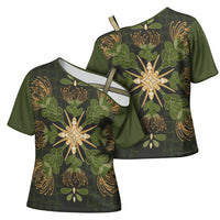 Hawaii Ohia Lehua Squares Cross Shoulder Shirt Hawaiian Quilt Inspired Floral Pattern