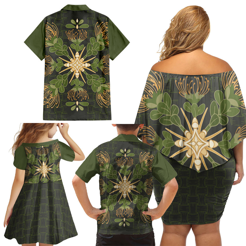 Hawaii Ohia Lehua Squares Family Matching Off Shoulder Short Dress and Hawaiian Shirt Hawaiian Quilt Inspired Floral Pattern