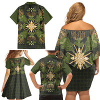 Hawaii Ohia Lehua Squares Family Matching Off Shoulder Short Dress and Hawaiian Shirt Hawaiian Quilt Inspired Floral Pattern