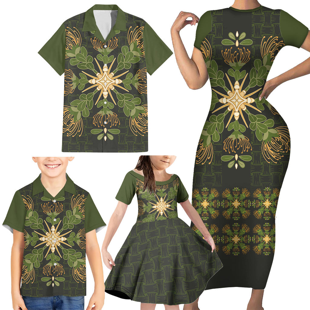 Hawaii Ohia Lehua Squares Family Matching Short Sleeve Bodycon Dress and Hawaiian Shirt Hawaiian Quilt Inspired Floral Pattern
