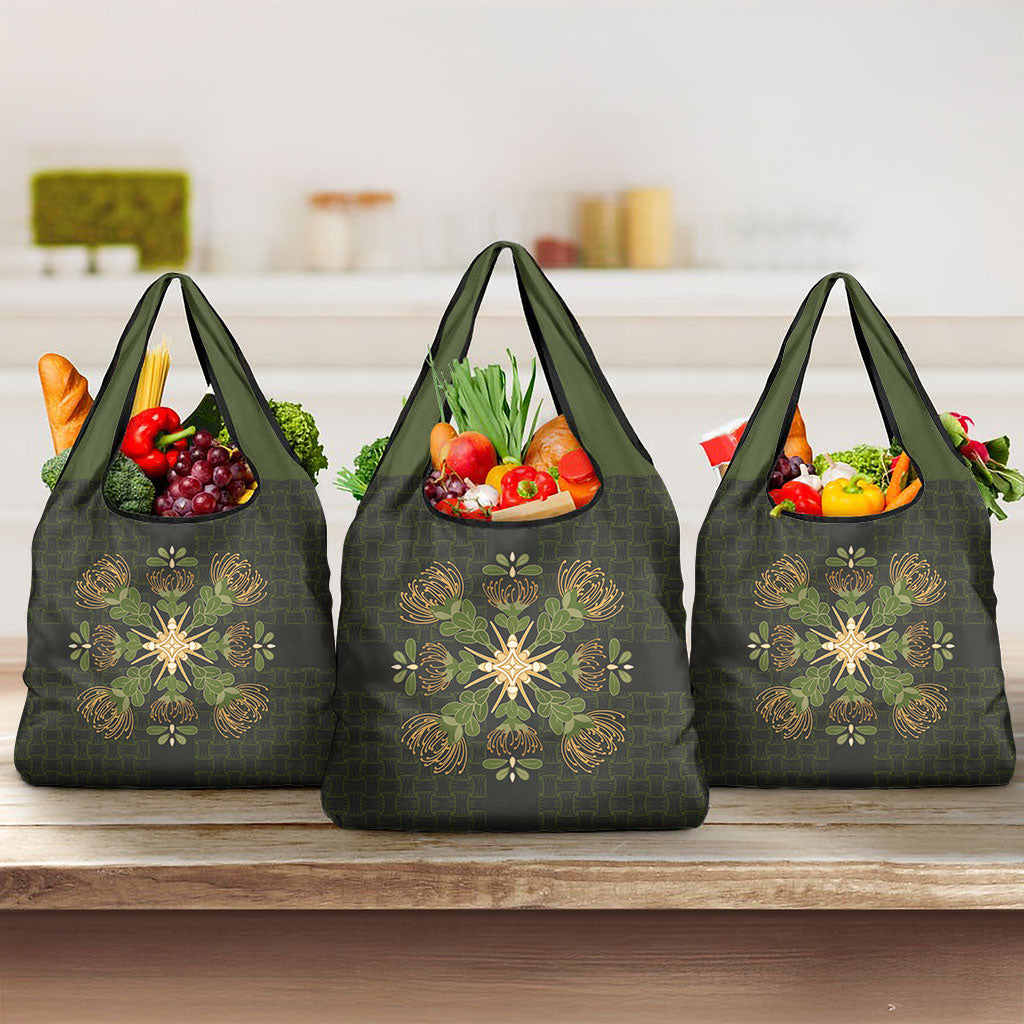Hawaii Ohia Lehua Squares Grocery Bag Hawaiian Quilt Inspired Floral Pattern