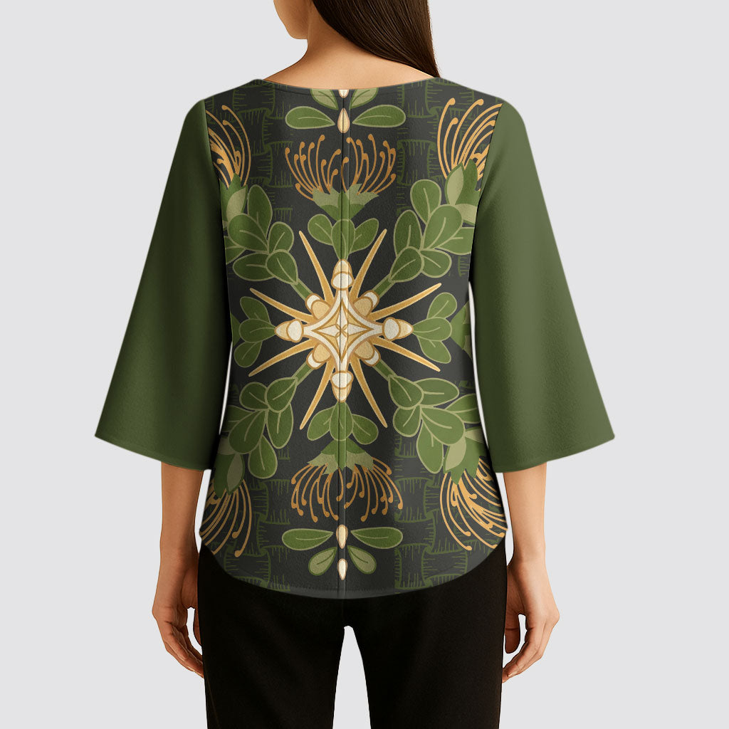 Hawaii Ohia Lehua Squares Kimono Sleeve Blouse Hawaiian Quilt Inspired Floral Pattern