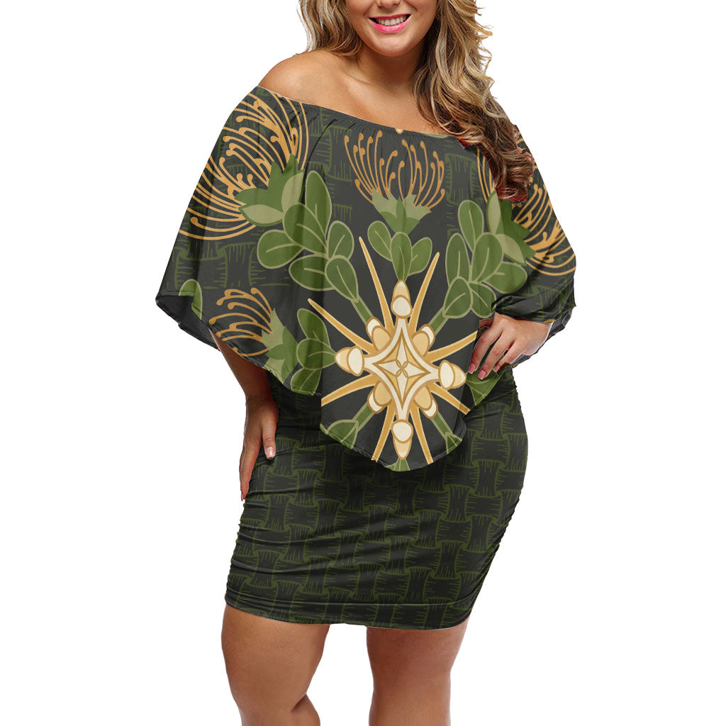 Hawaii Ohia Lehua Squares Off Shoulder Short Dress Hawaiian Quilt Inspired Floral Pattern LT9 Women Green - Polynesian Pride