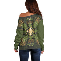 Hawaii Ohia Lehua Squares Off Shoulder Sweater Hawaiian Quilt Inspired Floral Pattern