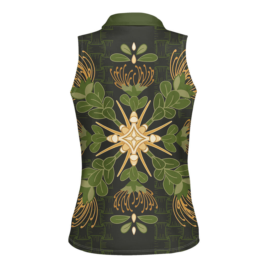 Hawaii Ohia Lehua Squares Women Sleeveless Polo Shirt Hawaiian Quilt Inspired Floral Pattern