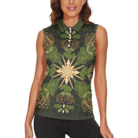 Hawaii Ohia Lehua Squares Women Sleeveless Polo Shirt Hawaiian Quilt Inspired Floral Pattern