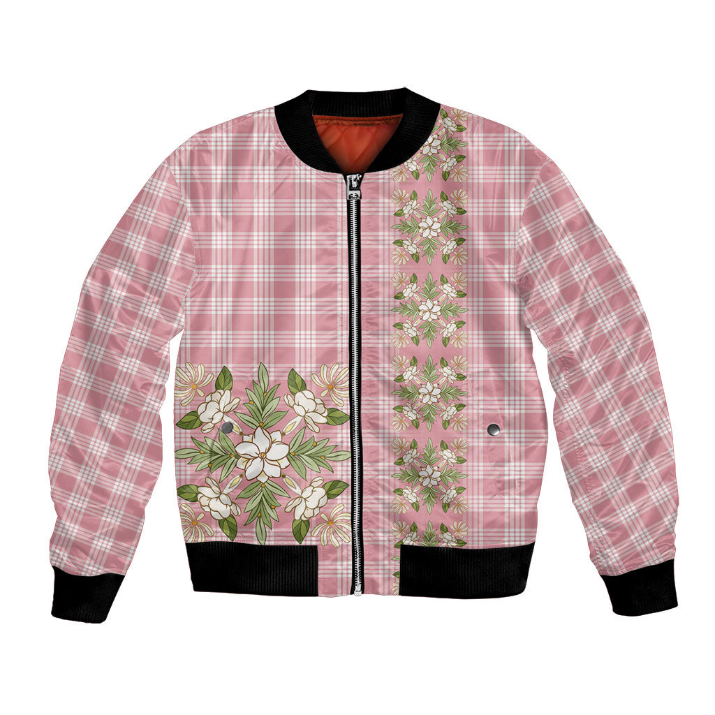 Akala Hamele Hawai'i Palaka Squares Maile Leaf Bomber Jacket Flowers Hawaiian Quilt Patterns LT9 Unisex Dusty Rose - Polynesian Pride