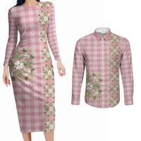 Akala Hamele Hawai'i Palaka Squares Maile Leaf Couples Matching Long Sleeve Bodycon Dress and Long Sleeve Button Shirt Flowers Hawaiian Quilt Patterns