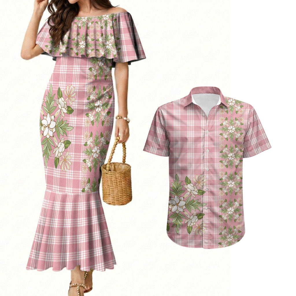 Akala Hamele Hawai'i Palaka Squares Maile Leaf Couples Matching Mermaid Dress and Hawaiian Shirt Flowers Hawaiian Quilt Patterns LT9 Dusty Rose - Polynesian Pride