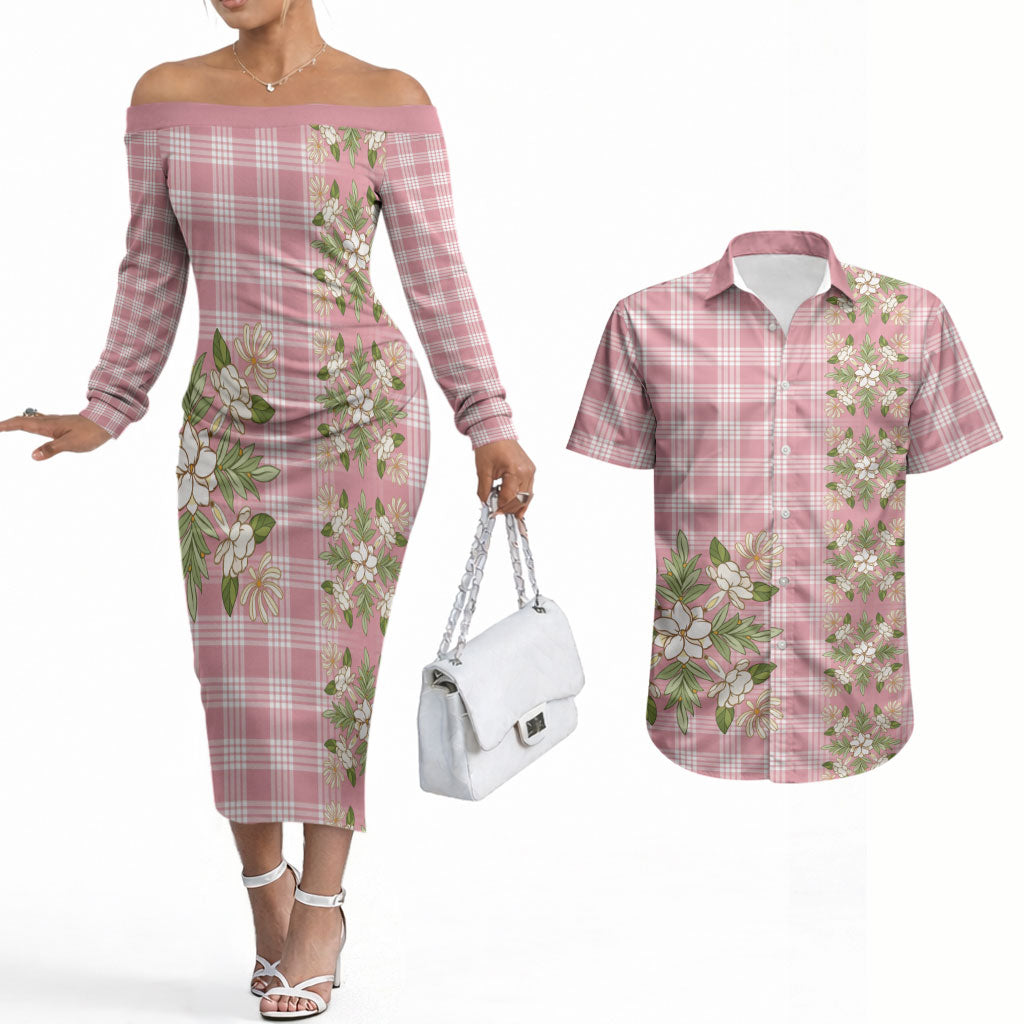 Akala Hamele Hawai'i Palaka Squares Maile Leaf Couples Matching Off The Shoulder Long Sleeve Dress and Hawaiian Shirt Flowers Hawaiian Quilt Patterns LT9 Dusty Rose - Polynesian Pride